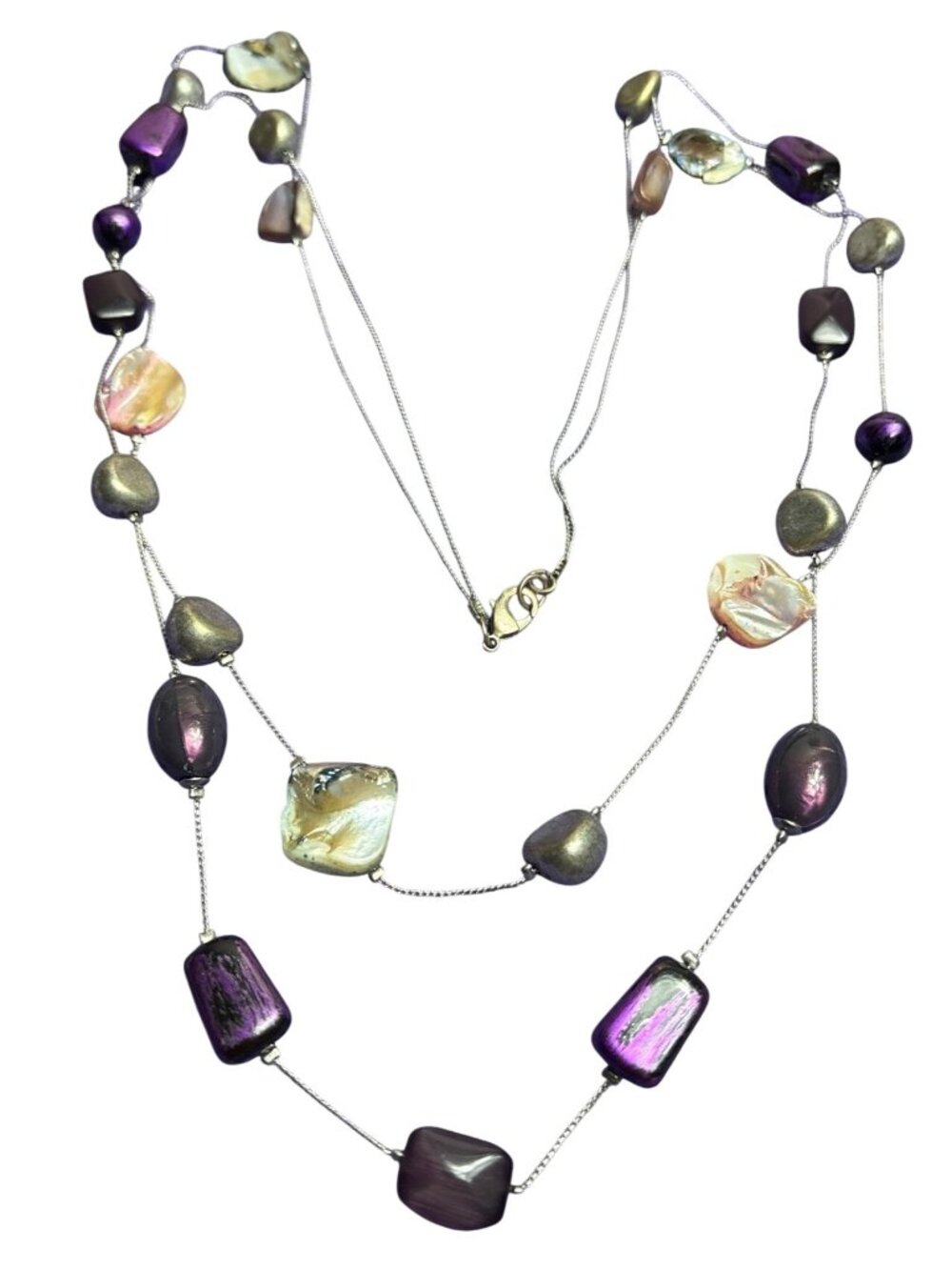 2 Strand Silvertone Multicolor Plastic Station Beaded Necklace Dyed Shell 36 in